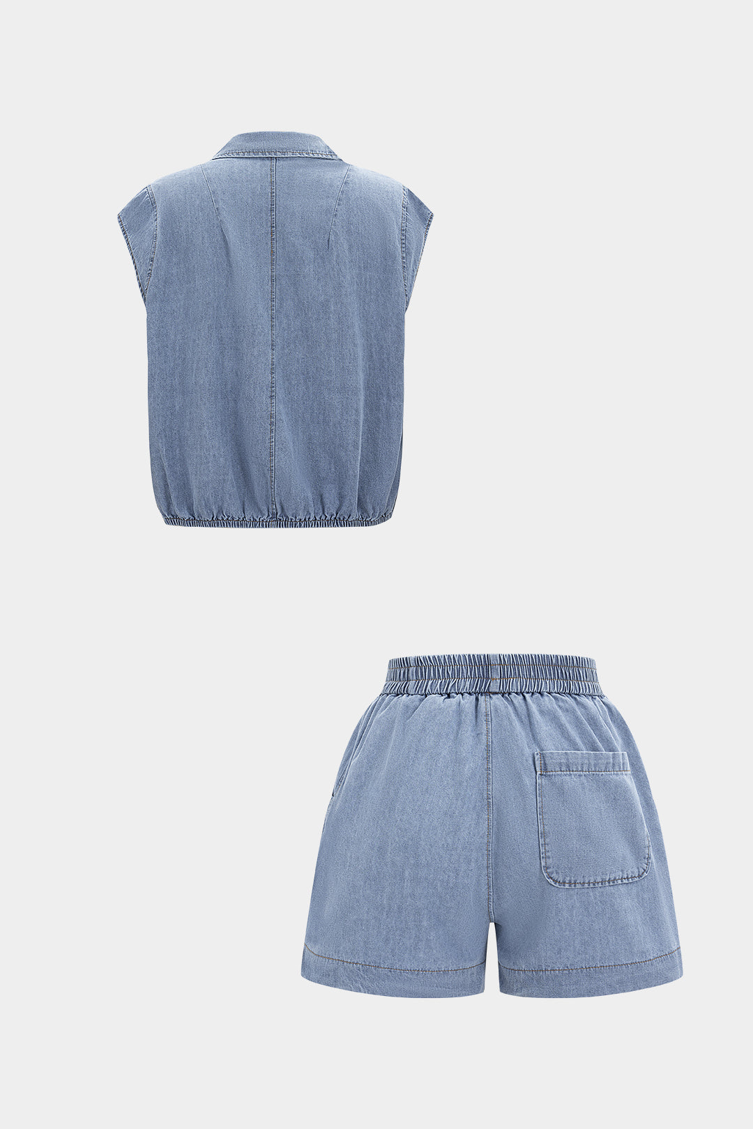 Denim Ruched Tank Top And Shorts Set