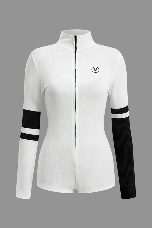 Contrast Zipper Stand Collar Bodysuit