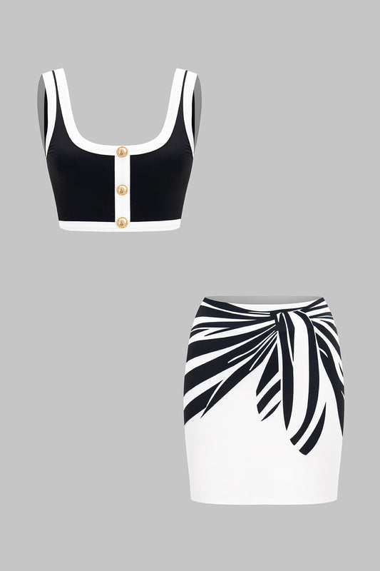 Contrast Print Retro Metallic Button Tank Top And Binding Skirt Set