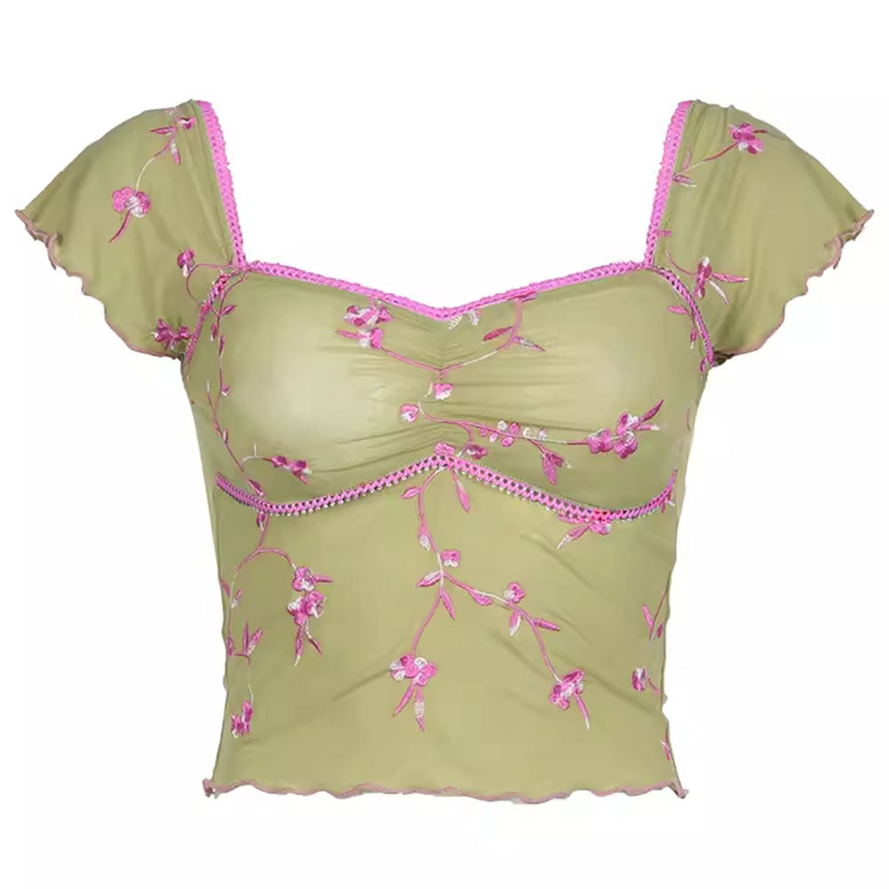 Green French Summer Floral Print Mesh Crop Top