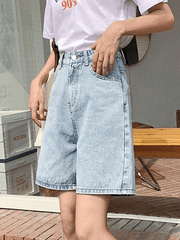 Blue Retro Denim High Waist Straight Leg Shorts