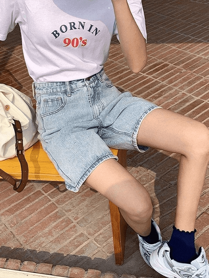 Blue Retro Denim High Waist Straight Leg Shorts