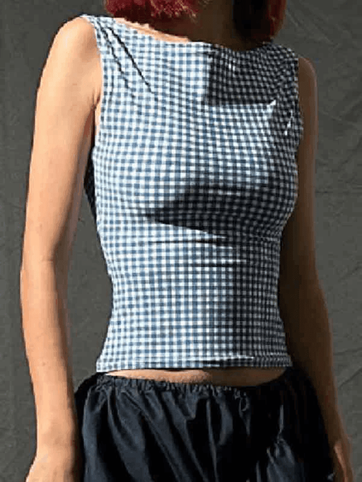 Y2K Houndstooth Print Backless Bow Decor Tank Top