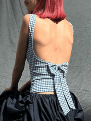 Y2K Houndstooth Print Backless Bow Decor Tank Top