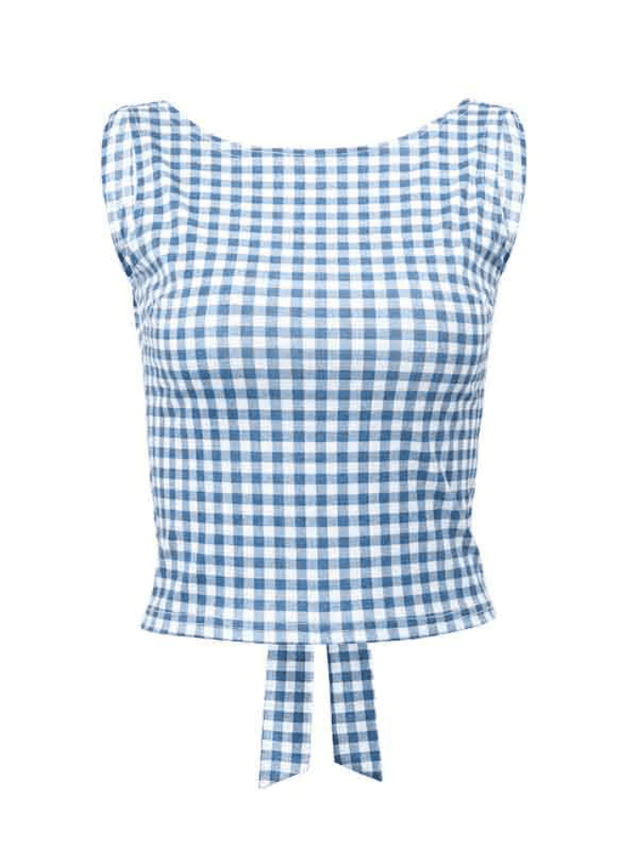 Y2K Houndstooth Print Backless Bow Decor Tank Top