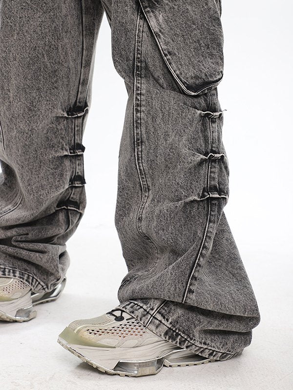 Faded Effect Grey Bleach Wash Baggy Cargo Jeans