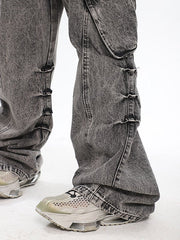 Faded Effect Grey Bleach Wash Baggy Cargo Jeans