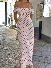 Off Shoulder Waist Ruffled Polka Dot Dress