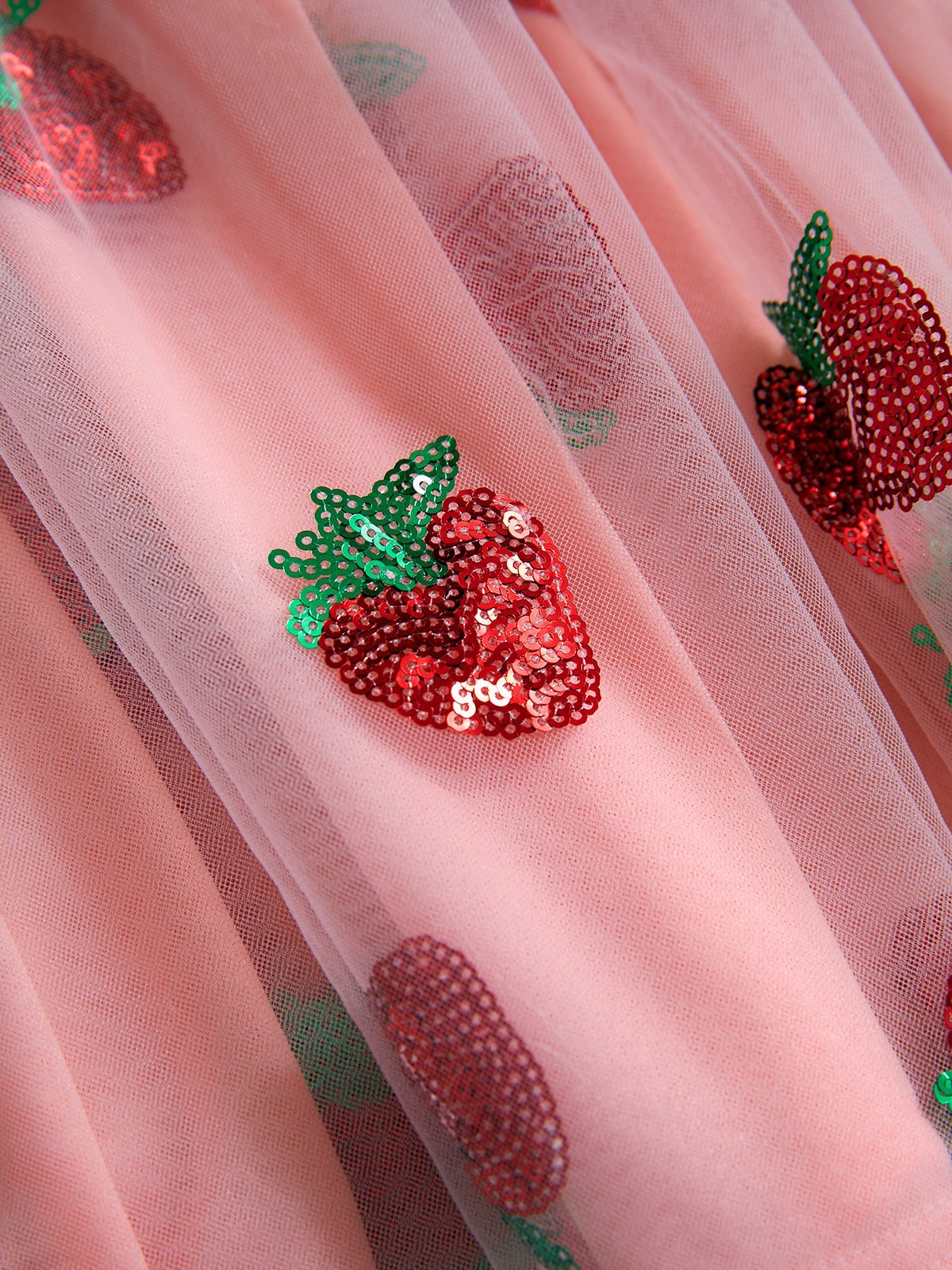 Pink Sequined Strawberry Mesh Pleated Maxi Dress