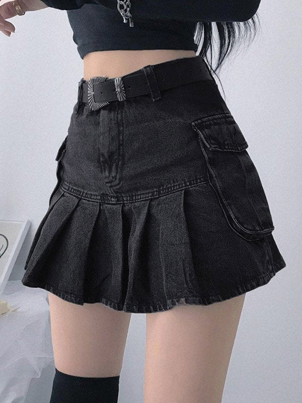 Pocket Pleated Denim Cargo Mini Skirt