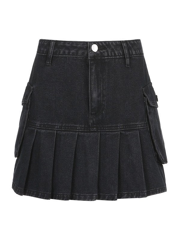 Pocket Pleated Denim Cargo Mini Skirt