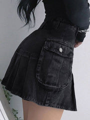 Pocket Pleated Denim Cargo Mini Skirt