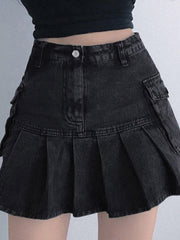 Pocket Pleated Denim Cargo Mini Skirt