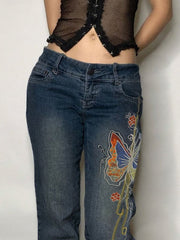 Vintage Washed Effect Flare Jeans with Butterfly Print