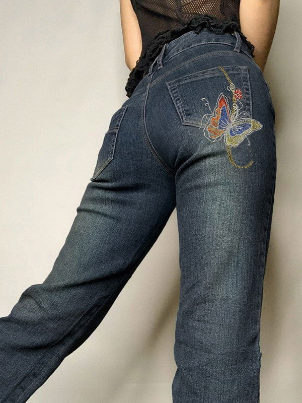 Vintage Washed Effect Flare Jeans with Butterfly Print