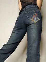 Vintage Washed Effect Flare Jeans with Butterfly Print