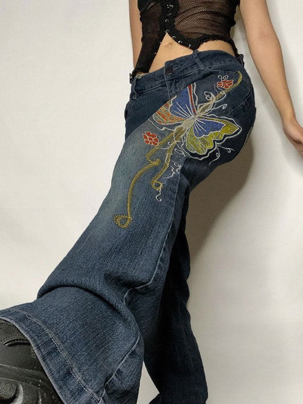 Vintage Washed Effect Flare Jeans with Butterfly Print