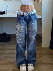 Y2k Washed Effect Heart Pattern Cargo Jeans