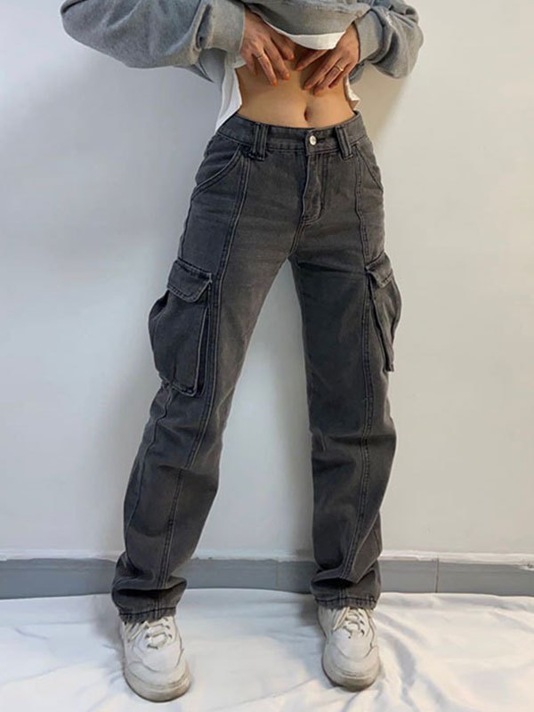 Grey Mid Waist Cargo Jeans with Patched Pockets