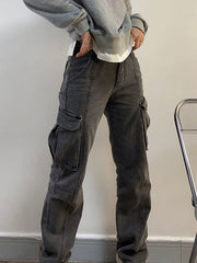 Grey Mid Waist Cargo Jeans with Patched Pockets