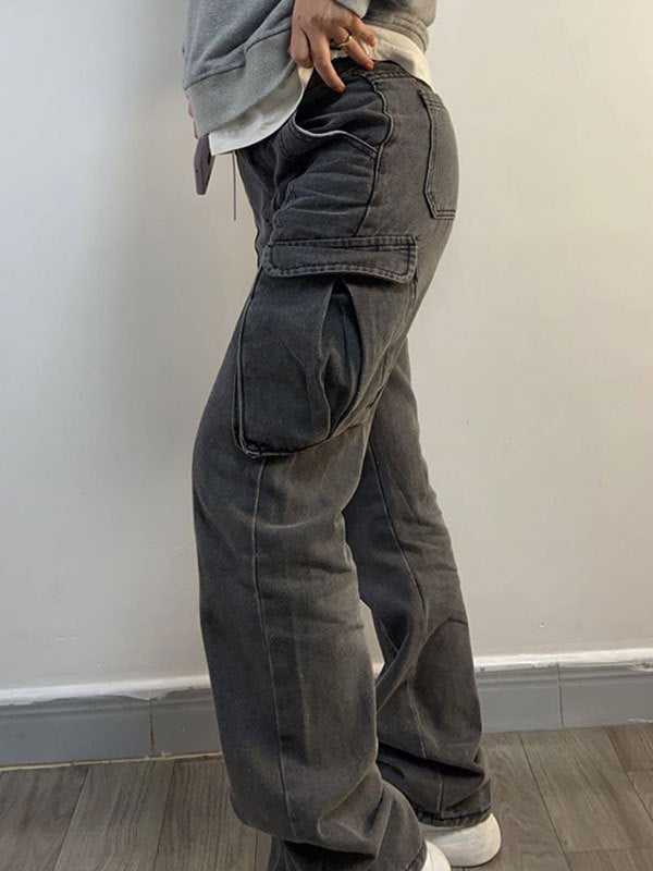 Grey Mid Waist Cargo Jeans with Patched Pockets