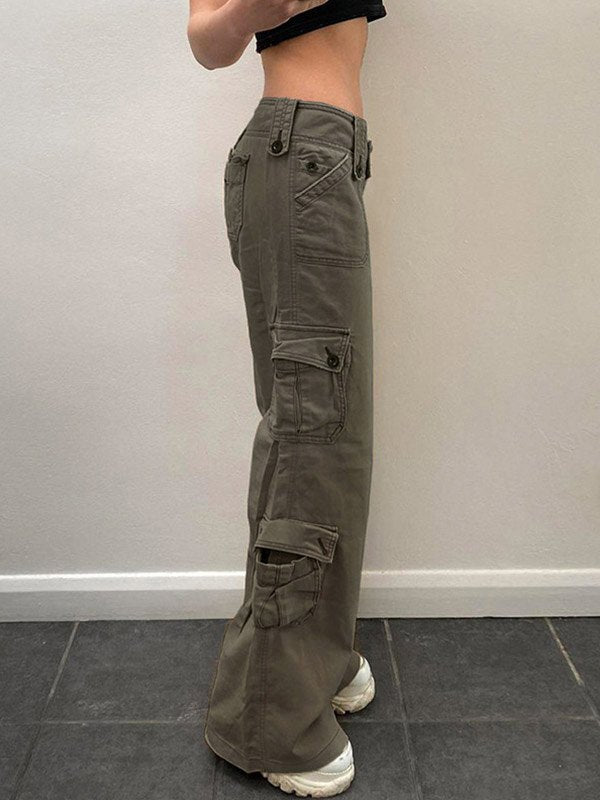 Grey Straight Leg Cargo Jeans with Buttons and Patched Pockets