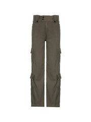 Grey Straight Leg Cargo Jeans with Buttons and Patched Pockets