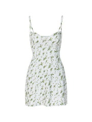 Green French Y2K Floral Print Slim Mini Dress