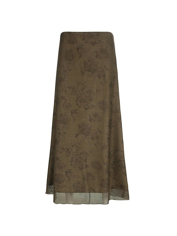 Brown Vintage Mesh Maxi Skirt with Floral Pattern