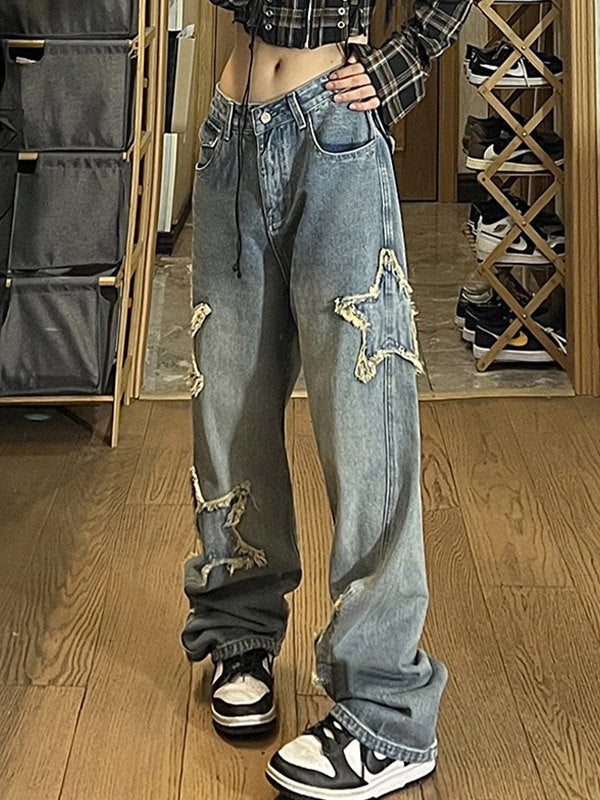 Washed Effect Vintage Boyfriend Jeans with Stars Patch