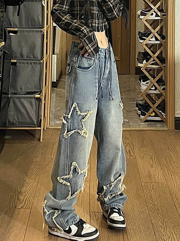 Washed Effect Vintage Boyfriend Jeans with Stars Patch