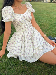 French Floral Corset Slim Mini Dress with Puff Sleeve