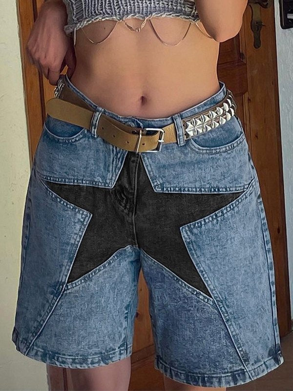 Denim Shorts with Five-Pointed Star