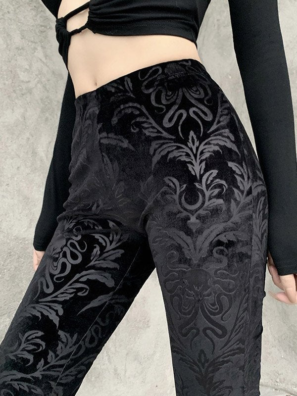 Black Vintage Embossed Velour Flare Pants