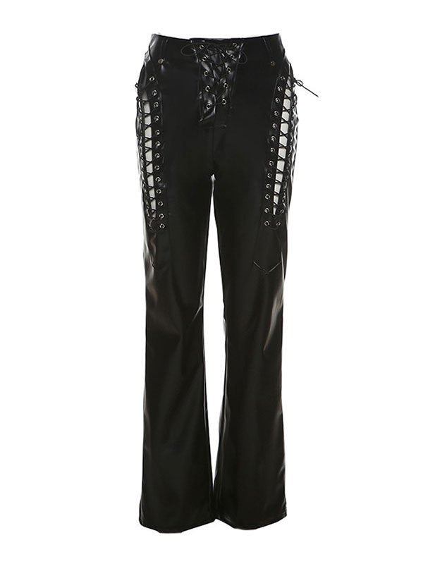 Vintage Black PU Leather Pants with Cutout Detail