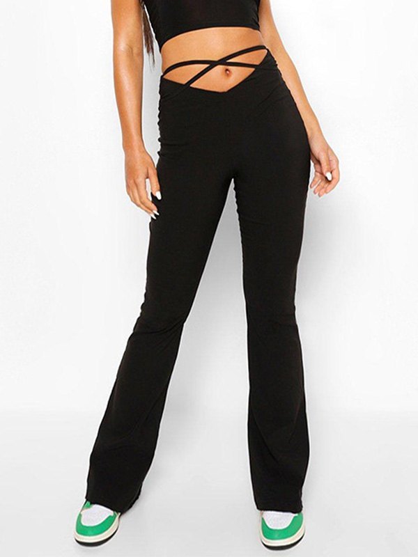 V Cut Lace Up Flare Leg Pants