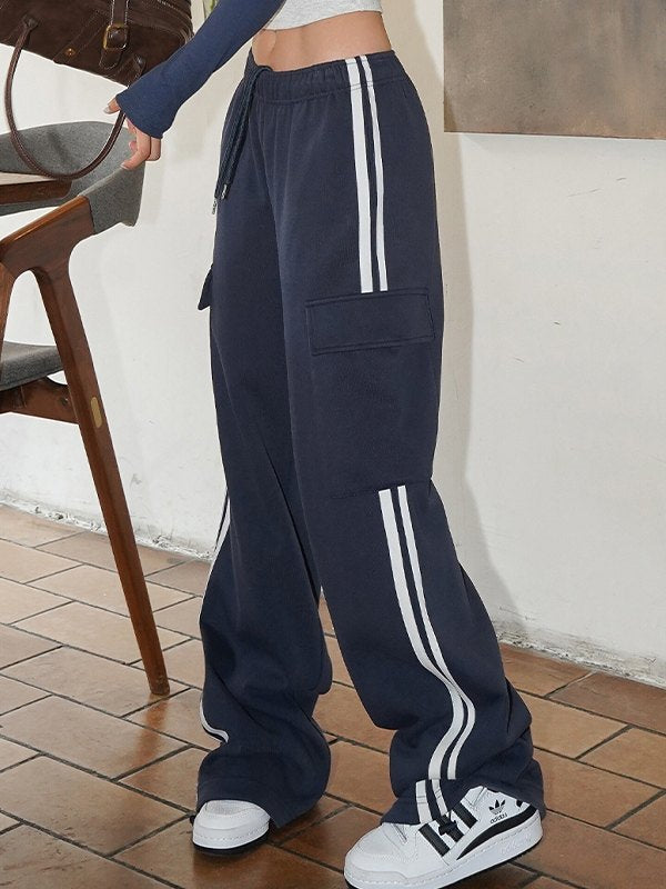 Navy Blue Hip Hop Pocket Side Stripe Baggy Sweatpants