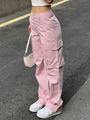 Ruched Pink Straight Leg Cargo Pants