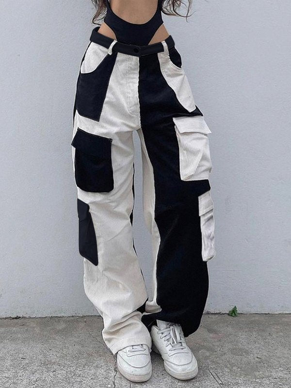 Baggy Boyfriend Corduroy Cargo Pants with Contrast Colors