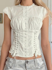 White Vintage Strap Slim Short Sleeve Blouse