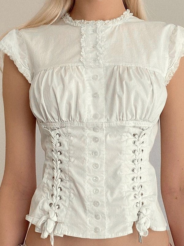 White Vintage Strap Slim Short Sleeve Blouse