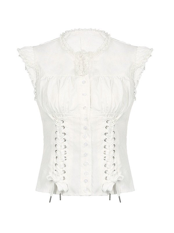 White Vintage Strap Slim Short Sleeve Blouse