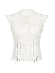 White Vintage Strap Slim Short Sleeve Blouse