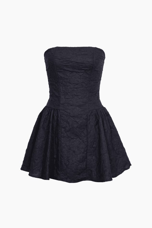 Black Vintage Jacquard Fitted Ruffle Hem Strapless Mini Dress