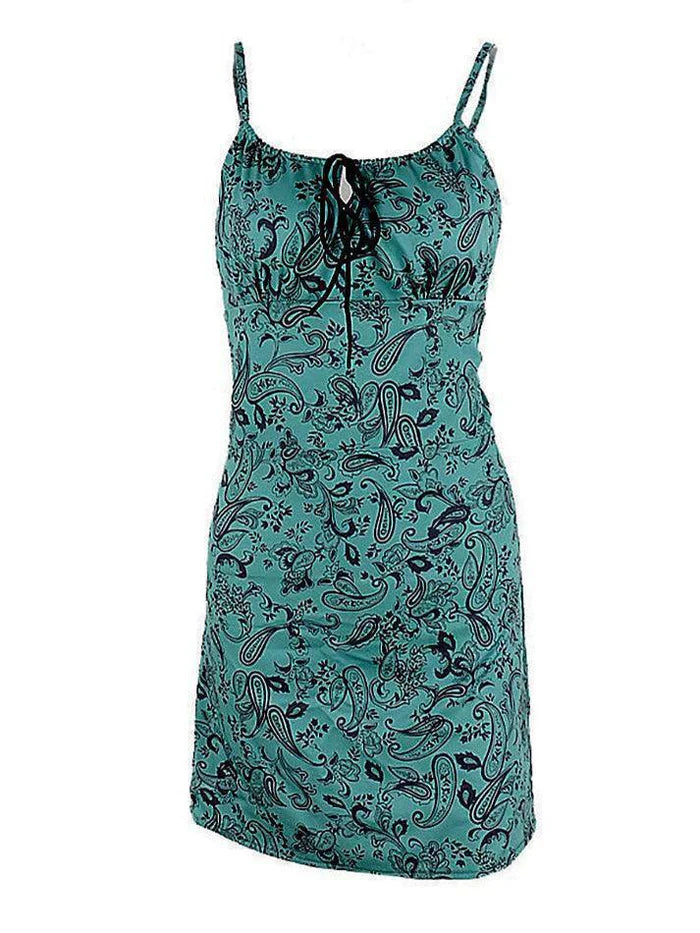 Green Vintage Lace Up Paisley Print Mini Dress