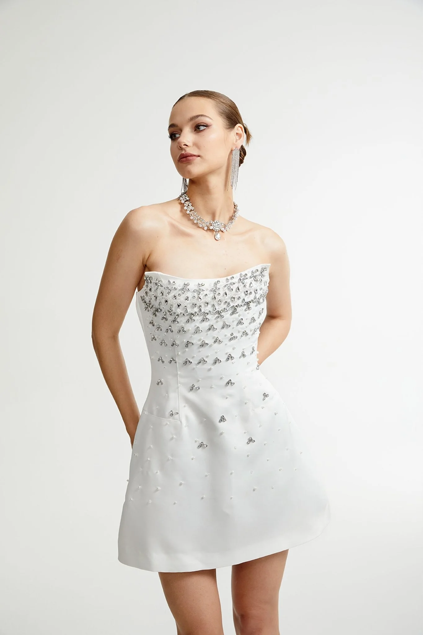 Leah - Crystal Beadings Strapless Mini Dress