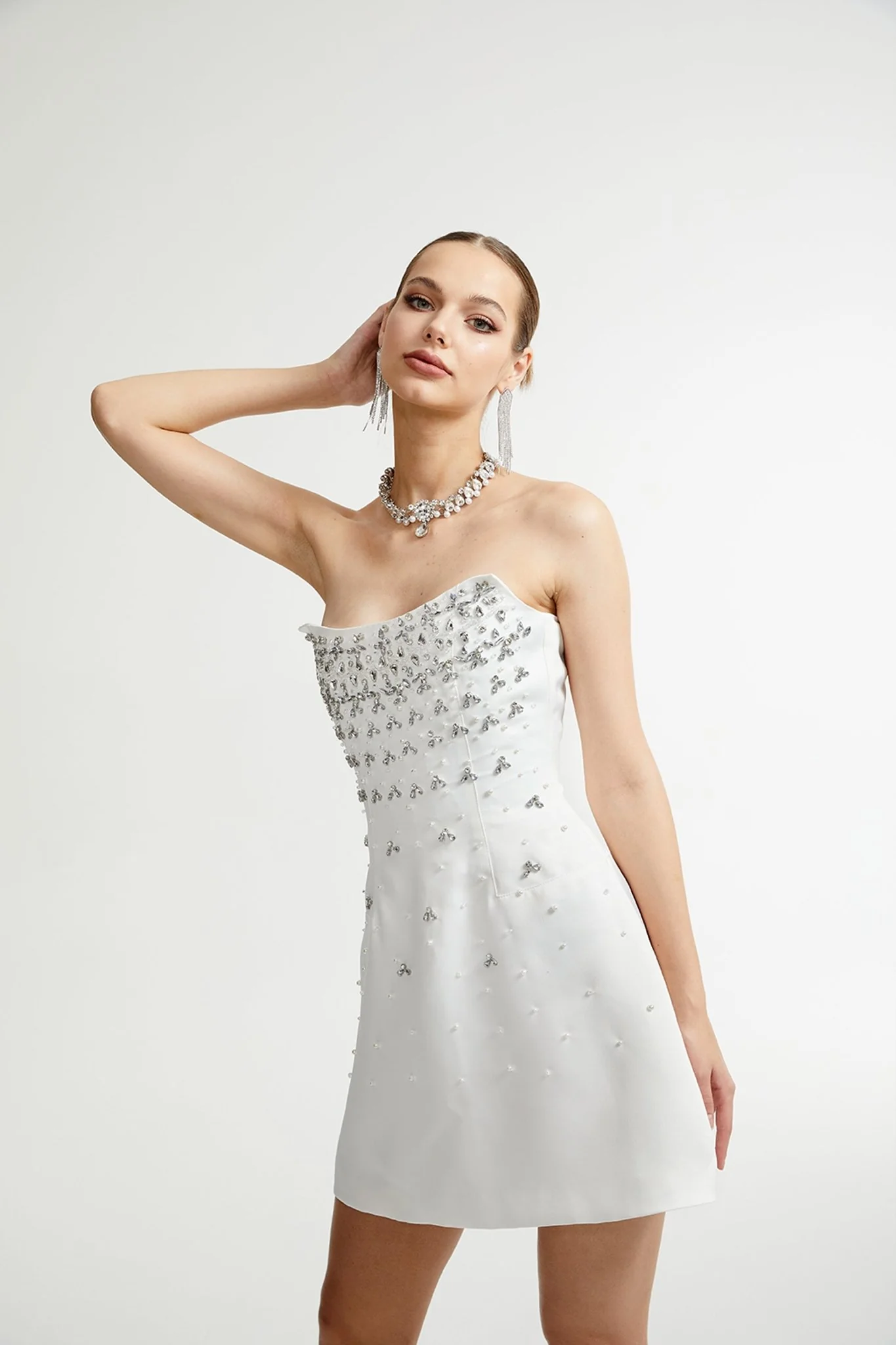 Leah - Crystal Beadings Strapless Mini Dress