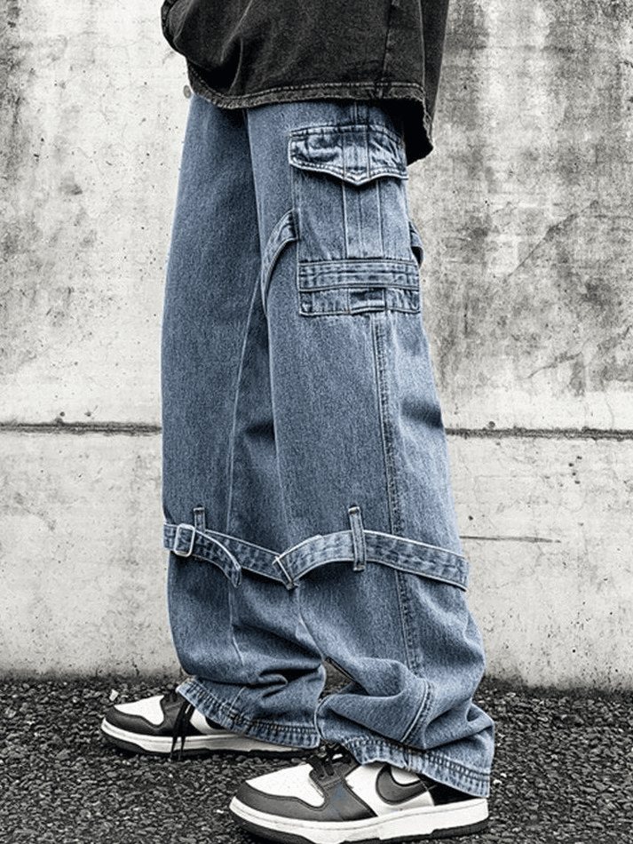 Men's Blue Hip Pop Strap Detail Cargo Jeans