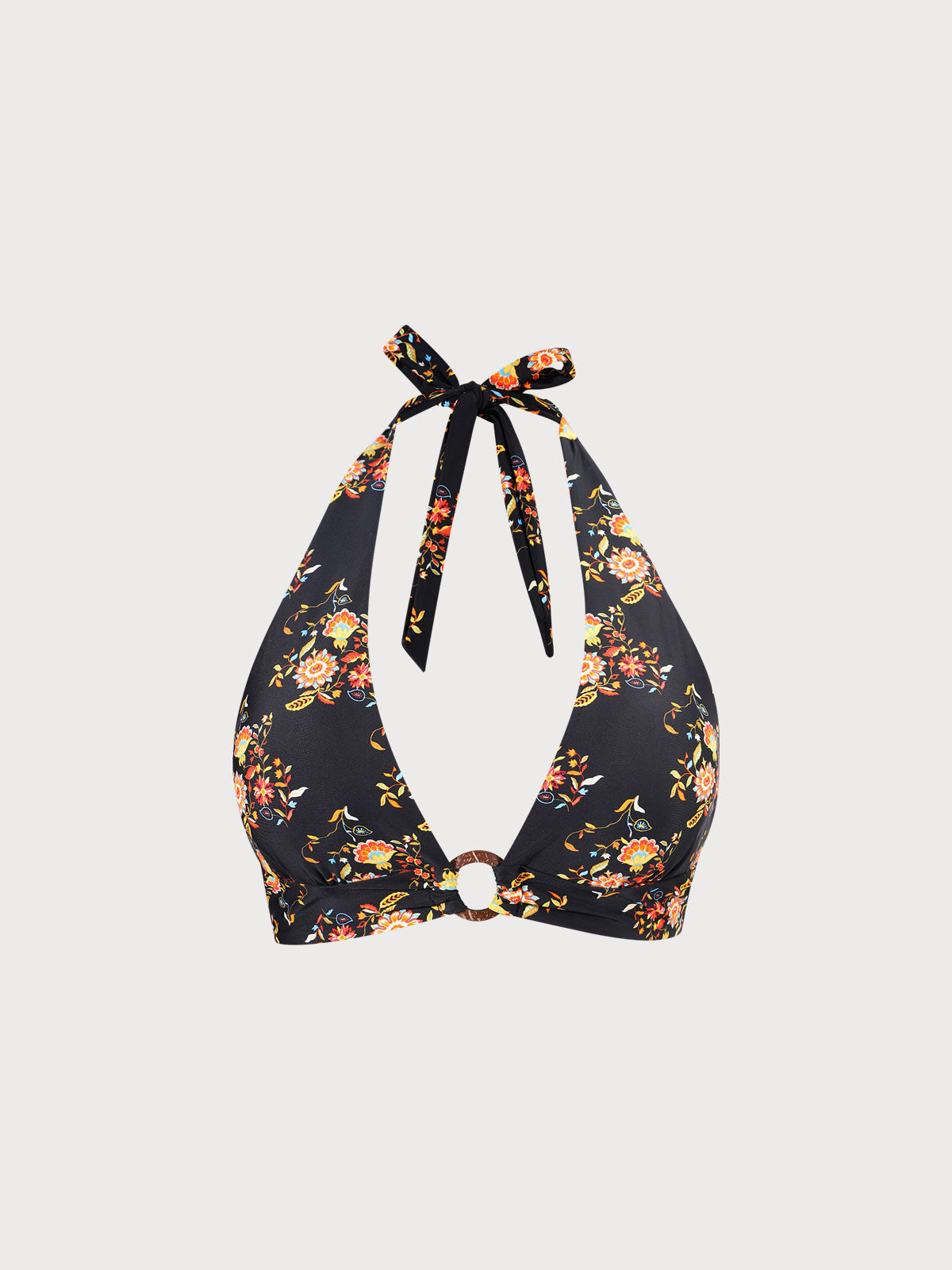 Black O-Ring Floral Halter Plus Size Bikini Top