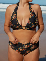 Black O-Ring Floral Halter Plus Size Bikini Top